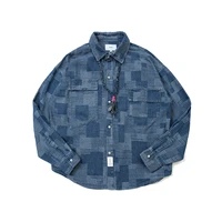 2021 autumn new japanese original blue plaid national style denim lapel shirt shirts for men black shirt mens button up shirt