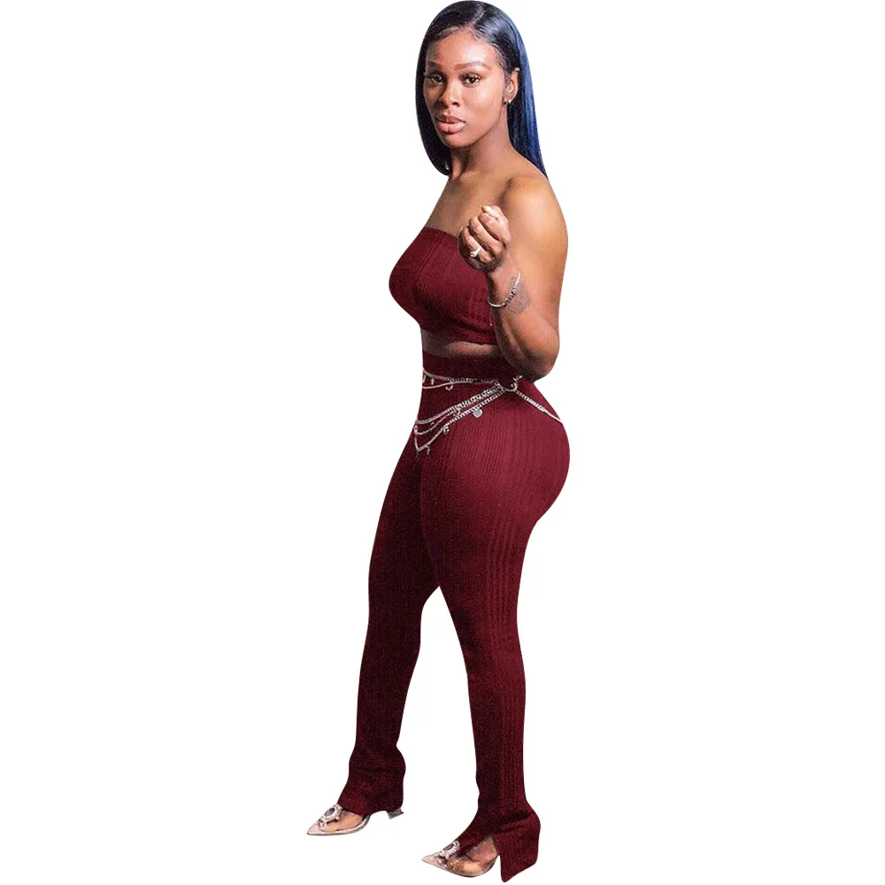 

2021 Sexy Two Piece Set Summer Outfit For Women Strapless Bandage Crop Top High Waist Fitness Pant Elegant Lounge Wear Sweatsuit