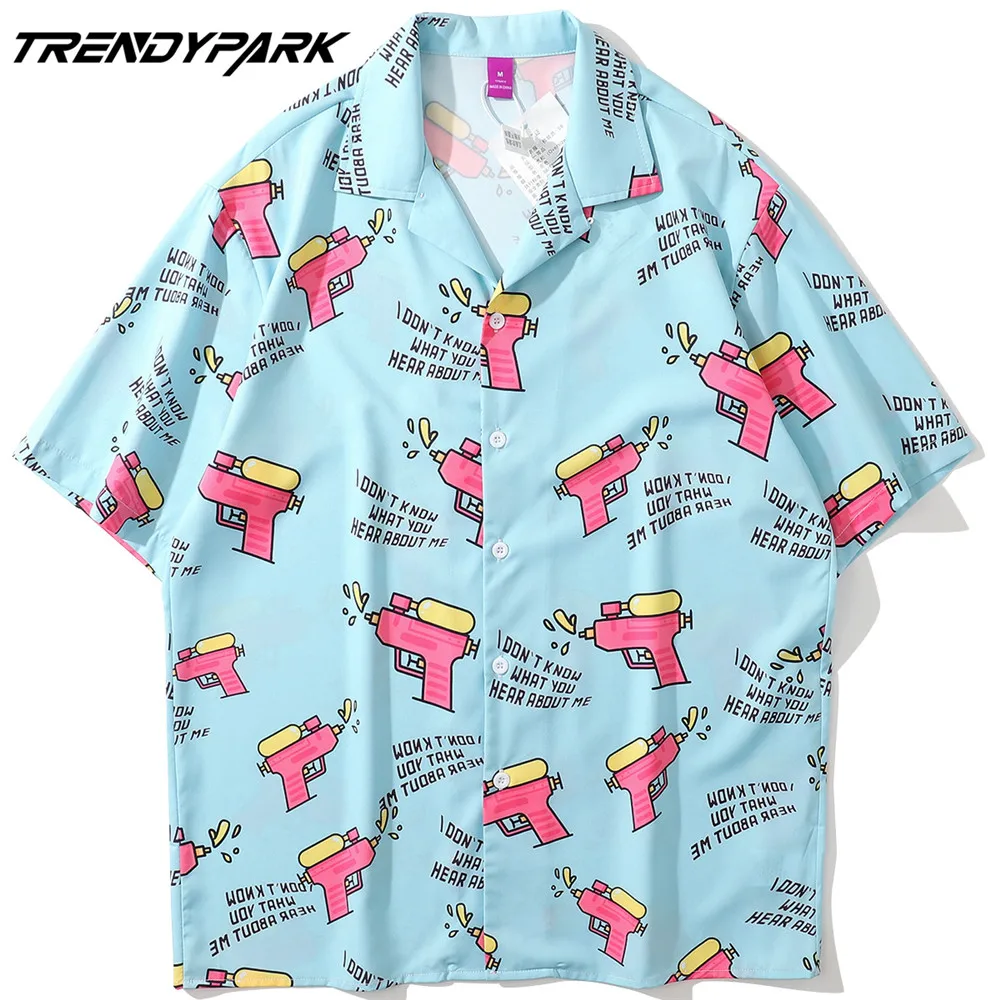 

Men's Shirt Summer Short Sleeve Printed Blouse Hip Hop Oversized Casual Harajuku Streetwear Single-breasted Collar Tops Shirts