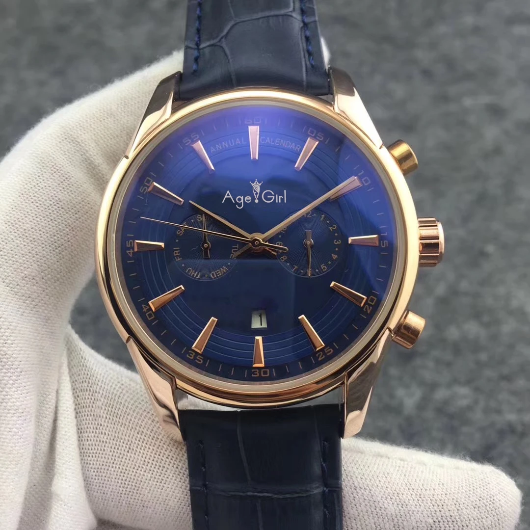 

Luxury New Men Automatic Mechanical Watch Rose Gold Leather Black Blue Multifunction Calendar Sapphire Transparent Rome