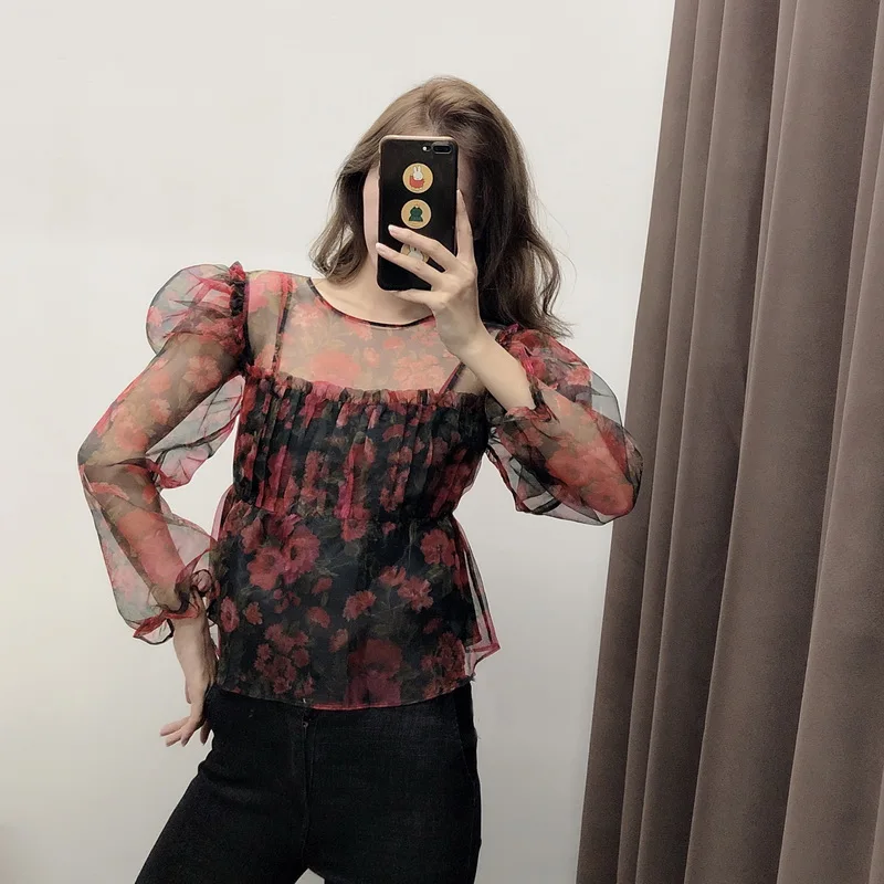 Прозрачная женская блузка с цветочным принтом осень 2019 новая мода винтажные