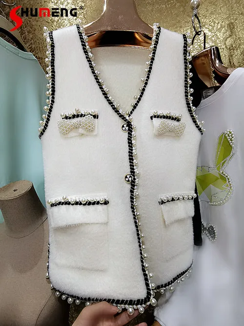 

Heavy Industry Beads Bowknot Plush Vest White Autumn Women's Elegant Waistcoat All-matching Sleeveless V-neck Outerwear