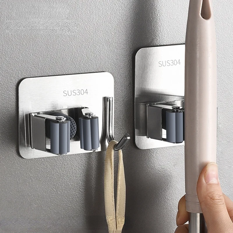 

Wall Mounted Mop Organizer Clip Self-Adhesive Broom Hanger Storage Rack 304Stainless Steel Mop Clip for Bathroom Strong Hooks