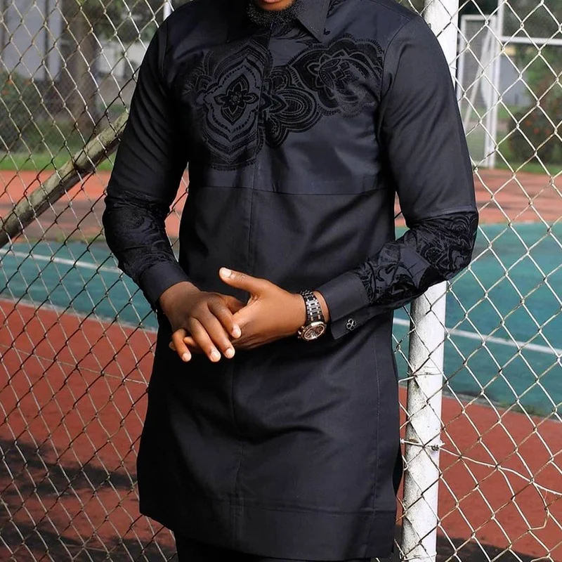 Black Shirt Men African Style Slim Fit Long Robe Male Clothing 2021 Spring Summer Ethnic Dashiki Men's Long Shirt Plus Size 3XL