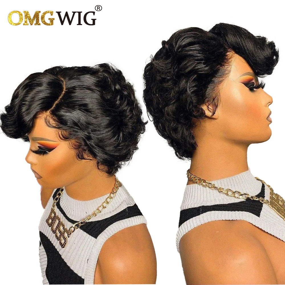 

Short Bob Pixie Curly Wig With Bangs Peruvian Remy Human Hair Wigs For Black Women 13x1 Side T Part Lace Wig With Baby Hair 150%