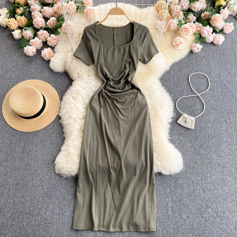

Waist dress 2021 new temperament square neck slim mid-length solid color short-sleeved bottoming skirt