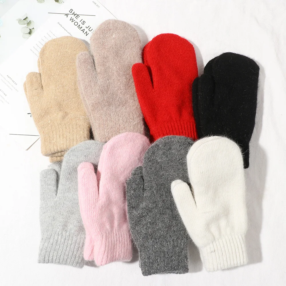 

Double-Layer Rabbit Hair Gloves Female Winter Korean Version Of Soft Solid Color All Fingers Winter Women Gloves Girls Mittens