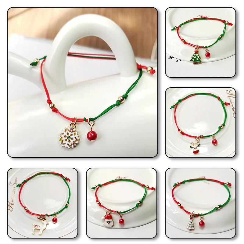 

Christmas Theme Braided Rope Bracelet Santa Claus Elk Xmas Tree Alloy Pendant Bracelet Women Kid Gifts Party Jewelry Gifts