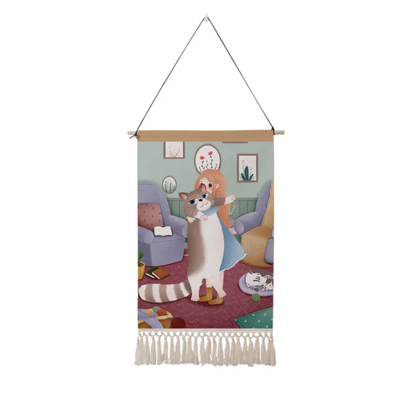 

Fresh literature and art tassels tapestry cat pattern cotton and linen cloth art decorative painting Japanese style small fresh