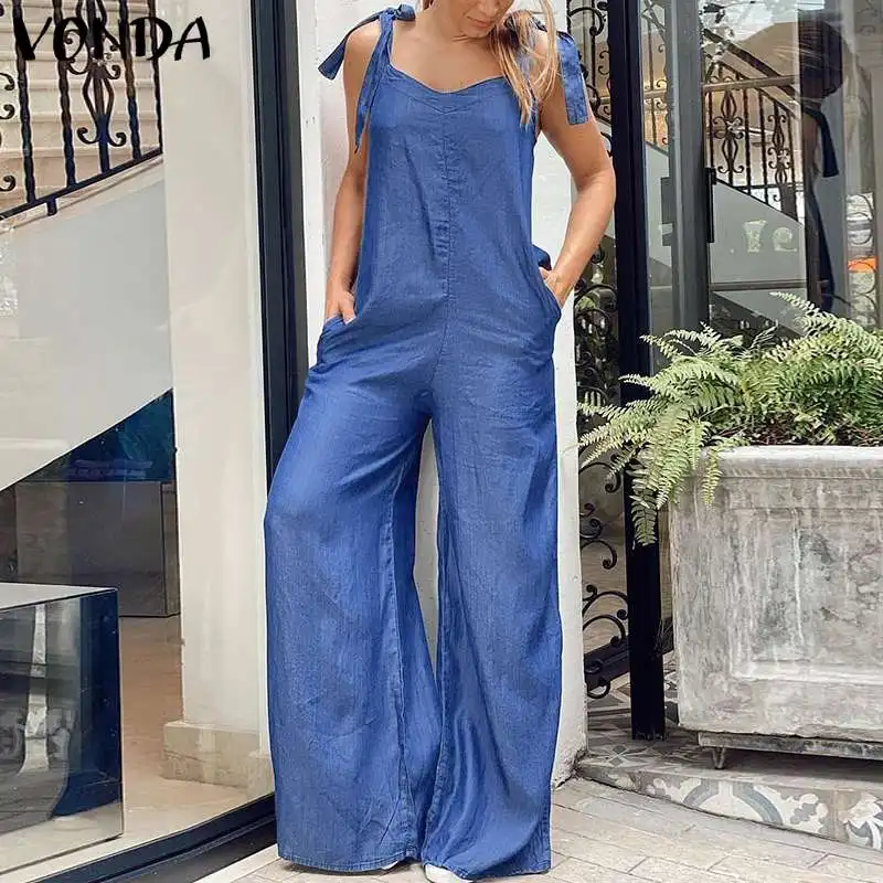 

Women Overalls Sleeveless Wide Leg Jumpsuit 2021 VONDA Casual Denim Bib Pants Femme Playsuits Pantalon Femme Rompers