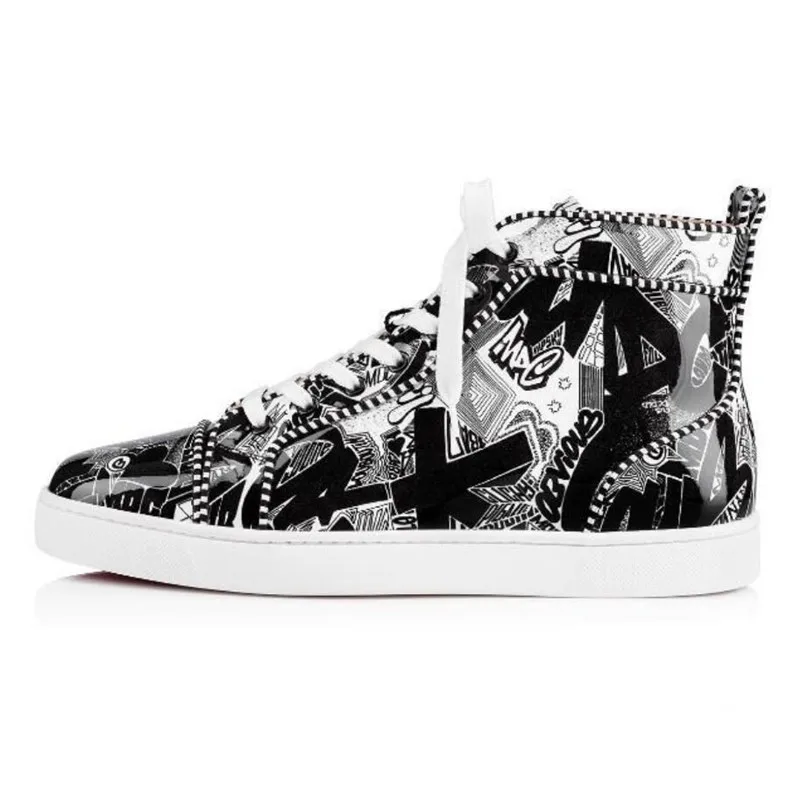 Кроссовки с красной подошвой; Мужская обувь; высокие кроссовки с принтом; sneakers35-46 из лакированной кожи
