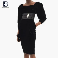 pb stylish black mini dress elegant daimond pin design o neck celebrity party club velvet vestido free shipping