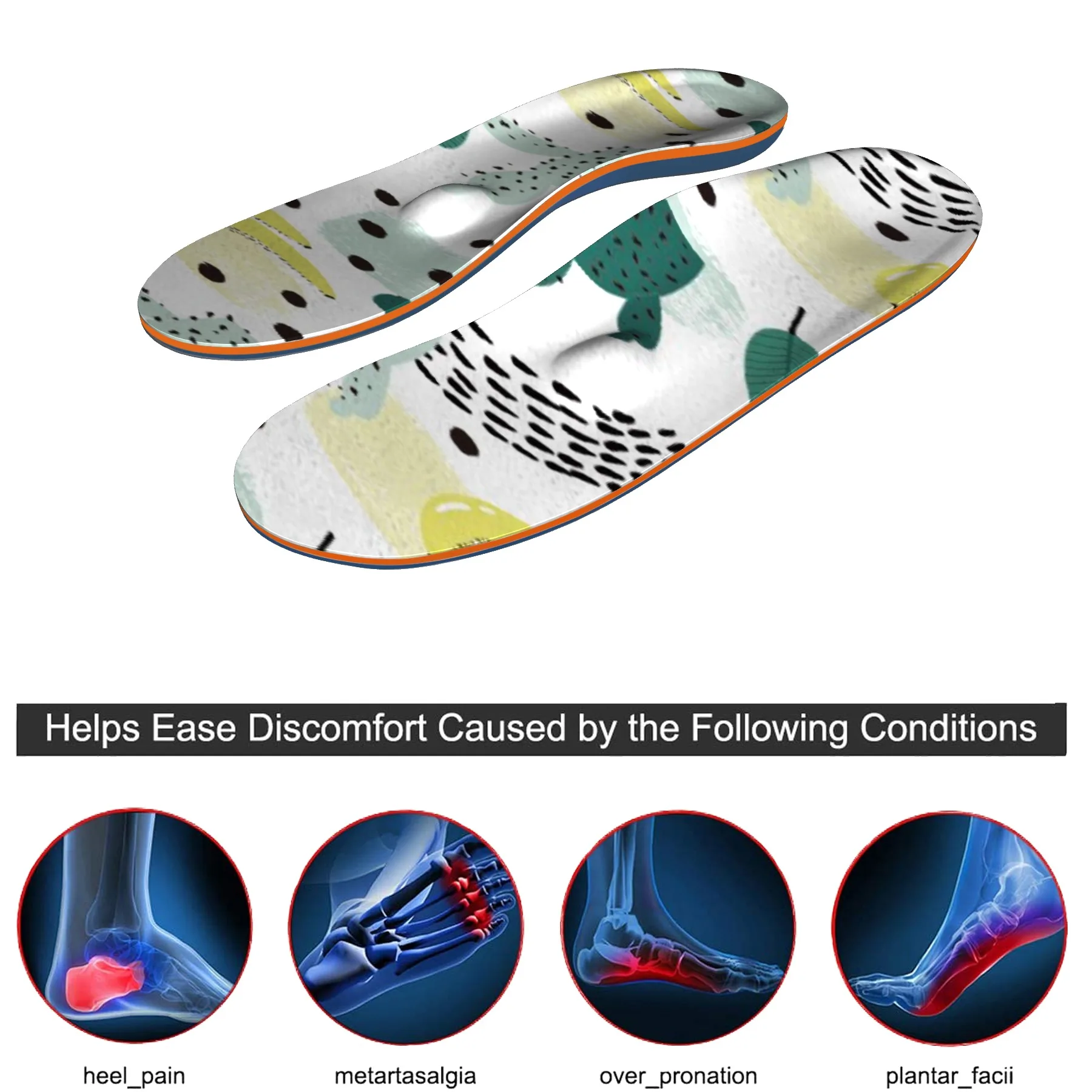 Yellow flat feet, high arch support, orthopedic insoles, plantar fasciitis, foot sports, running insoles, insert pads
