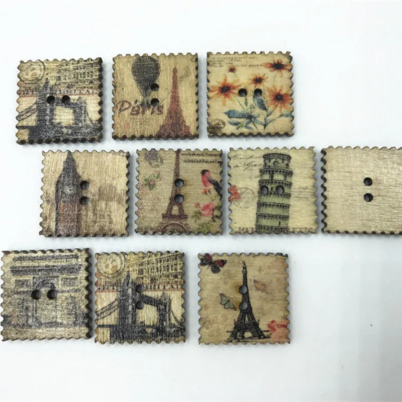 DIY 100pcs Retro Square Mixed landscape Wooden buttons Fit Sewing 20mm | Дом и сад