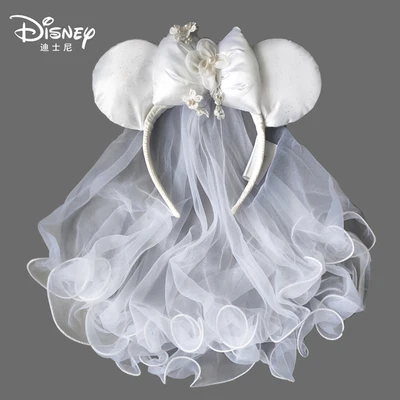 

Оригинальная вуаль Disney, аксессуары для волос, свадебное платье с Микки и Минни, повязка на голову ручной работы, белая кружевная вышивка из б...