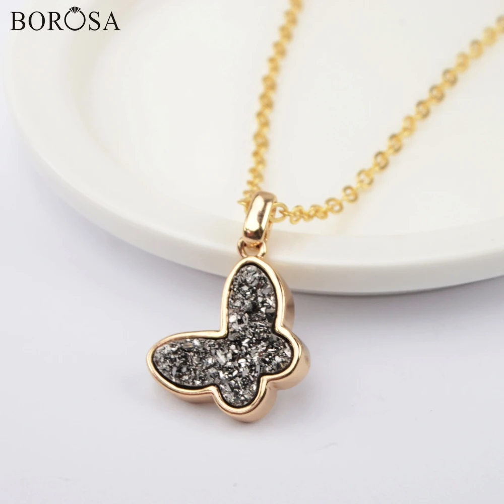 

BOROSA New Butterfly Natural Agates Pendant Necklace 16'' Gold Color Druzy Charms Statement Necklace for Women WX1365-N