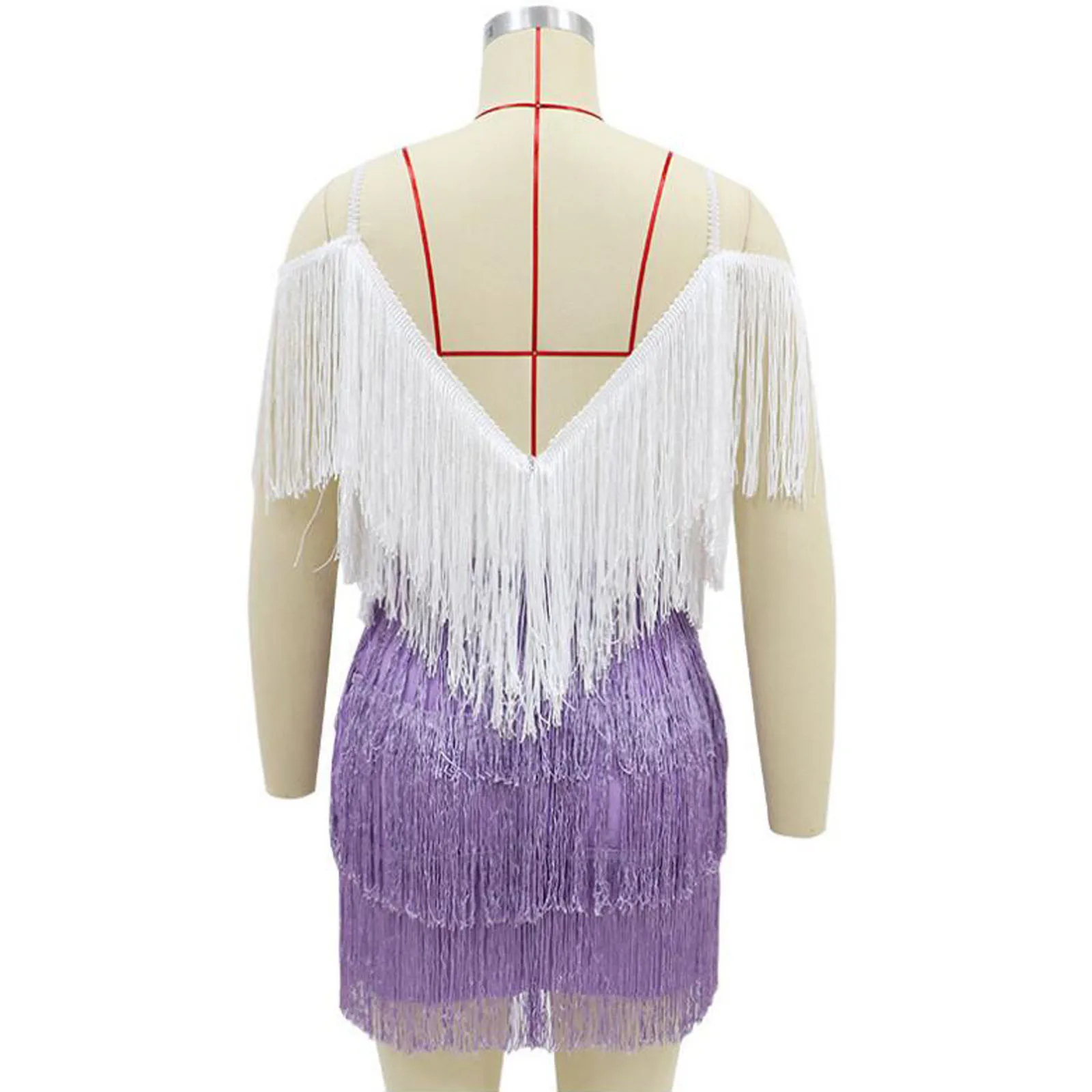 

Women Sexy Tassel V-neck Color Matching Dress Slim Backless Strap Dress