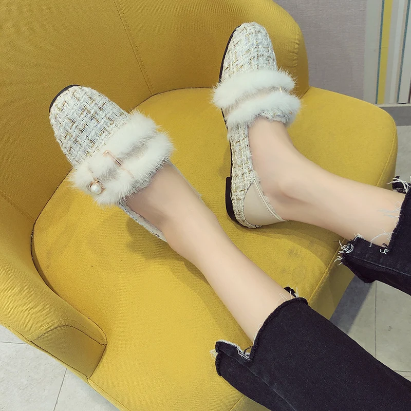 Туфли женские плюшевые на толстой подошве повседневная обувь с педалью модные