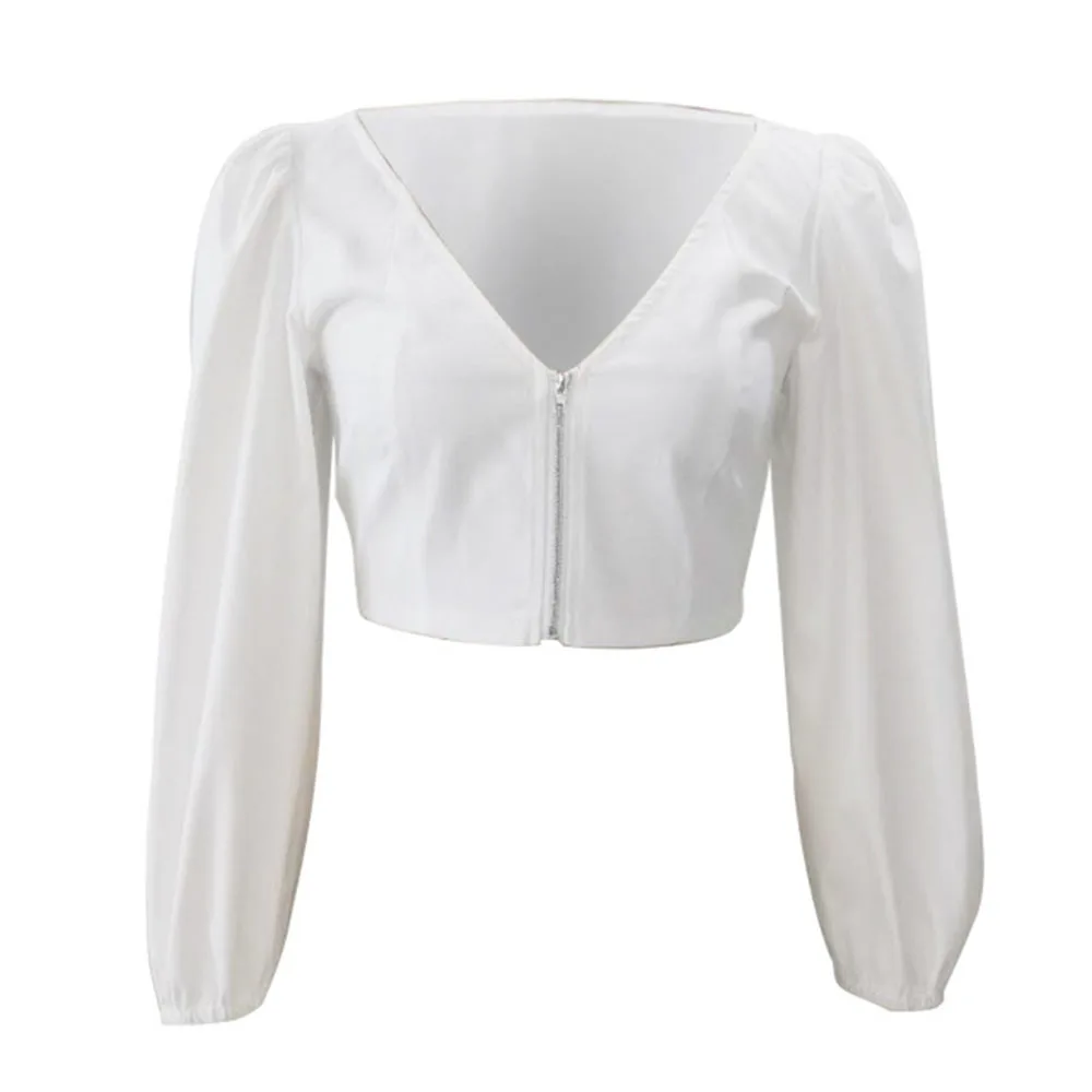 

Japan Style Blouse Spring Autumn Korean Fashion Temperament Loose Casual Zipper Thin Solid Color V-neck Puff Sleeve 2021