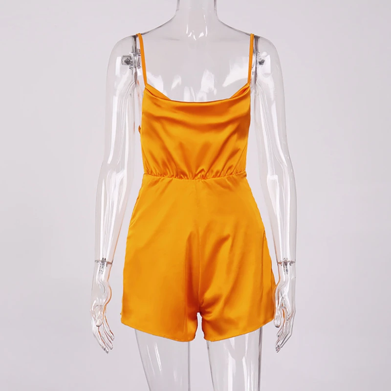 

2021 Fashion Satin Romper Women Orange White One Piece Outfit Short Jumpsuit Sling Backless Bandage Jumpsuits Streetwear