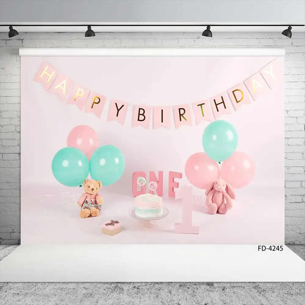 Фон для фотосъемки новорожденных с изображением одного года торта и воздушного