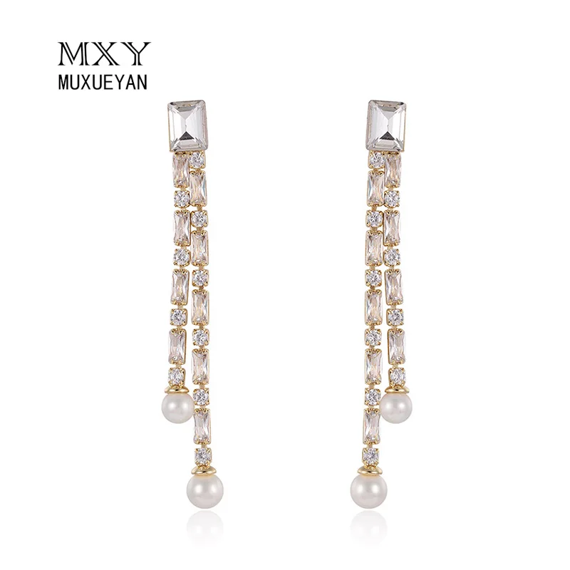 

MUXUEYAN Drop Earrings For Women Fine Jewelry 2021 Trend Gold Chain Silver Zircon Long Pendant Small Pearl