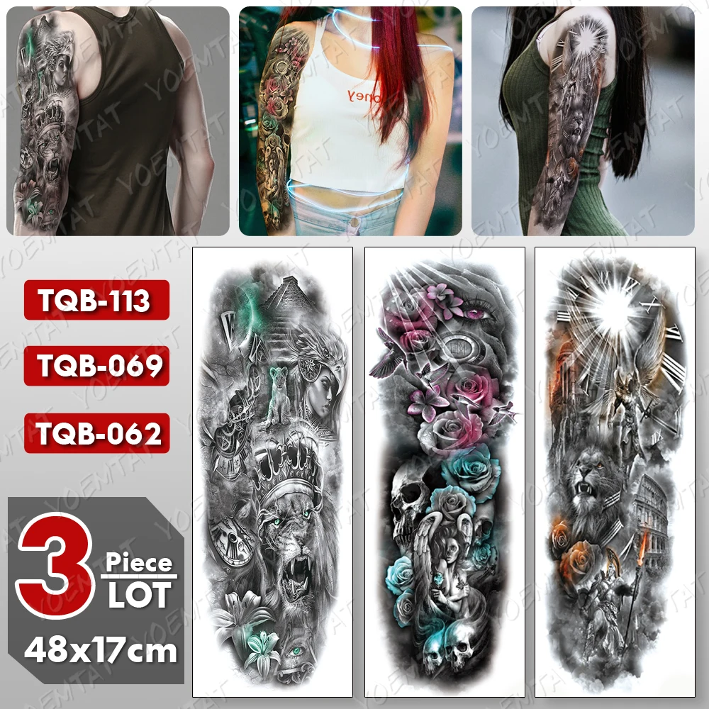 

3 pcs/lot Large Arm Sleeve Tattoo Angel Rose Waterproof Temporary Tatto Sticker Lion Warrior Body Art Full Fake Tatoo Women Men