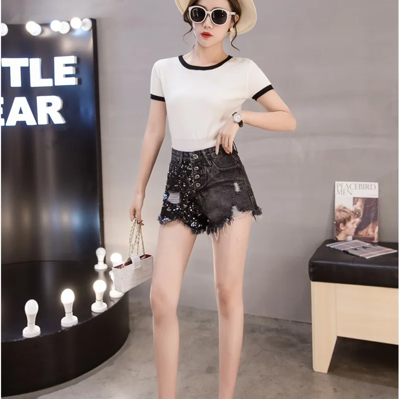 

2021 Summer High Waist Denim Shorts Women's Ripped Korean Embroidery Sequins Denim Pants Female Wide Leg Hot Pants Fashion