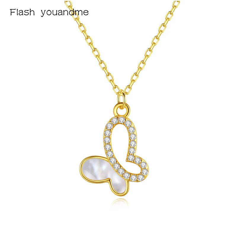 

Real 925 Sterling Silver Shells And Zircons Butterfly Pendant Charm Chain Necklace for Women Fashion Wedding Anniversary Jewelry