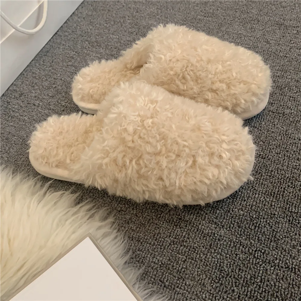 Women's Fluffy Slippers Winter Short Plush Indoor Cotton Shoes Soft Warm Non-slip Home Slippers Non-slip Flat Indoor Slippers
