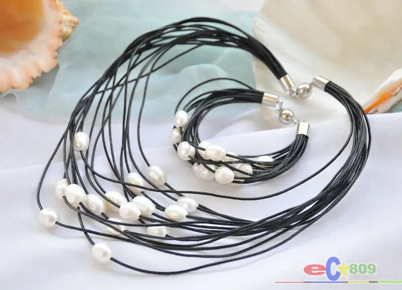 

wholesale 15row 13mm white rice pearl black leather necklace & bracelet