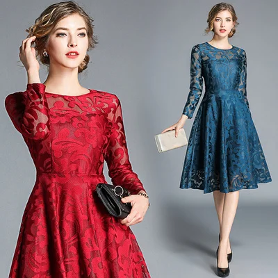 

New Elegant Vintage Fashion Women Lace Slim Tunic High Waist Evening Party Dress Lady Long Sleeve Big Swing Midi Dresses