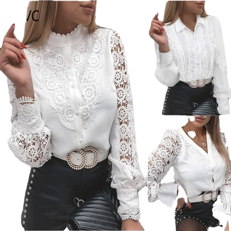 

2021 Spring Summer New Fashion Lace Long Sleeve V-neck Button White Harajuku Flannel Shirt Women Women's Blouses Boho Clothing