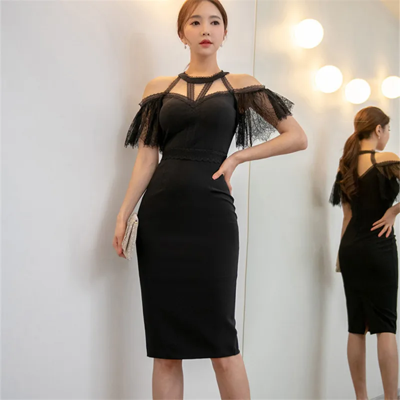 

2021 New Korean Ladies Temperament Slim Hanging Neck Sexy Stitching Lace Bag Hip Dress