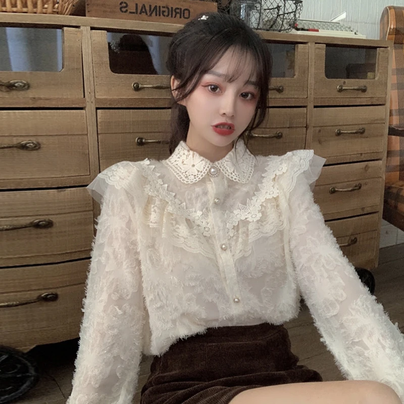 

Best Seller Women Lace Blouse New 2021 Spring Basic Tops Japanese Mori Girl Shirt Female chemisier femme