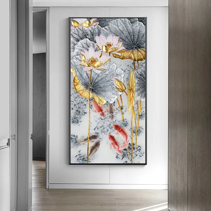 Современная Абстрактная Картина на холсте с золотым лотосом и рыбками кои