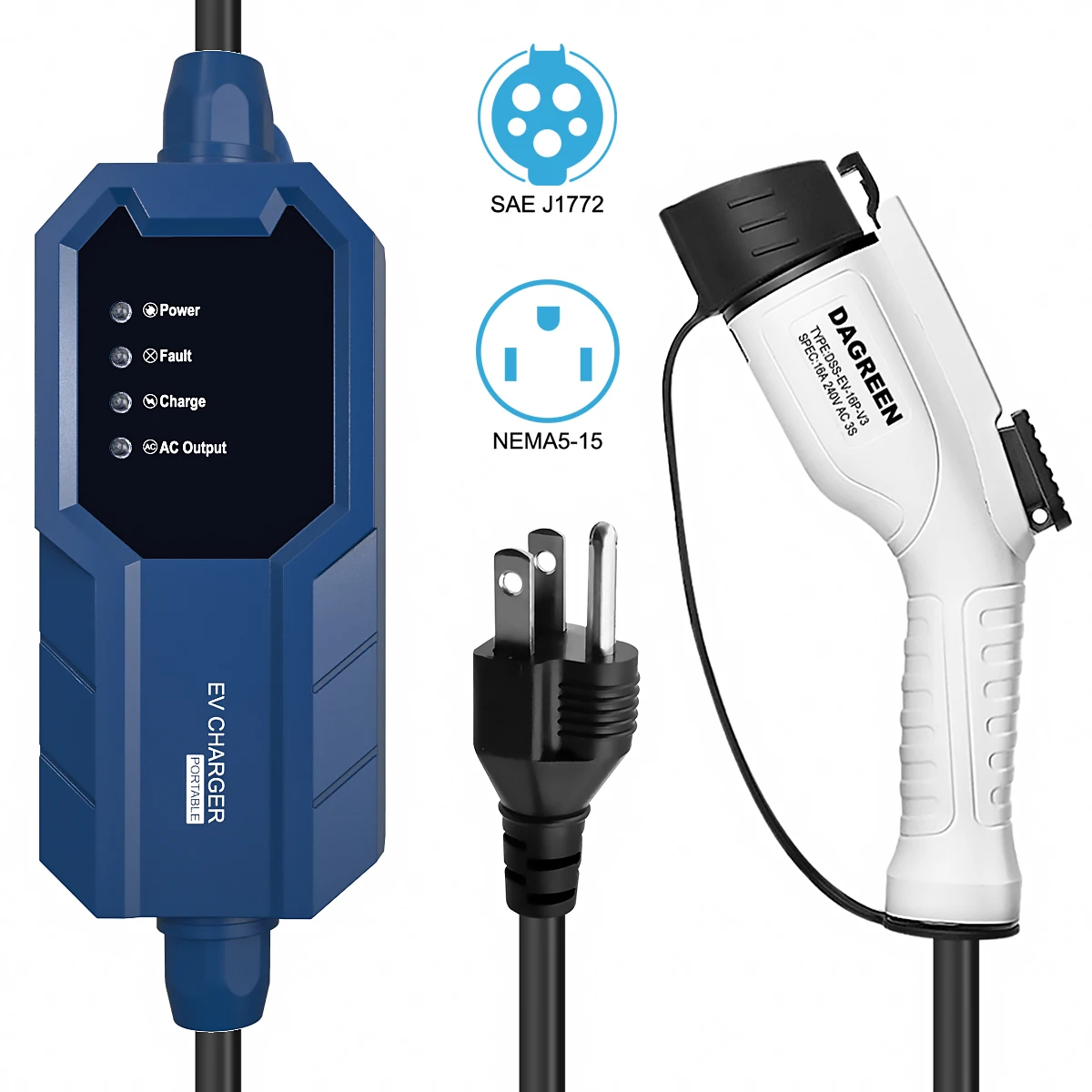

Dagreen portable EV charger 16A NEMA 6-20 Plug Charging SAE J1772 With 7.5 Meters Cable