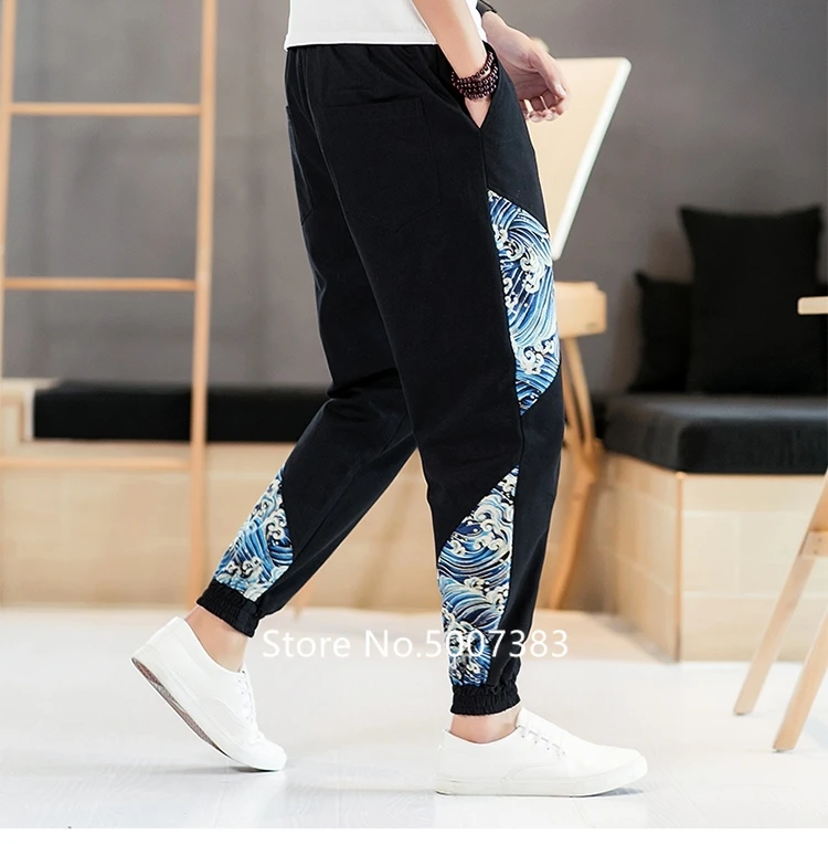 New Japanese Style Kanagawa Linen Loose Feet Pants Large Size Fashion Men's Printed Harem Trousers Elastic Waist Plus | Тематическая