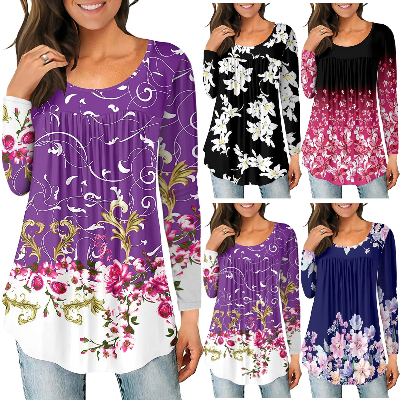 

Женская туника, топы, блузки, модные рубашки с длинным рукавом и круглым вырезом, свободная облегающая Повседневная рубашка, осенняя рубашк...