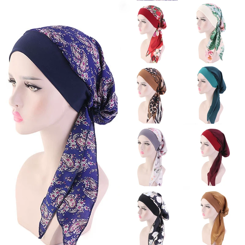 

Women Muslim Inner Hijab Flower Print Hat Turban Cancer Chemo Head Cover Wrap Pre-Tied Bandana Fashion Charming Cancer Hair Loss