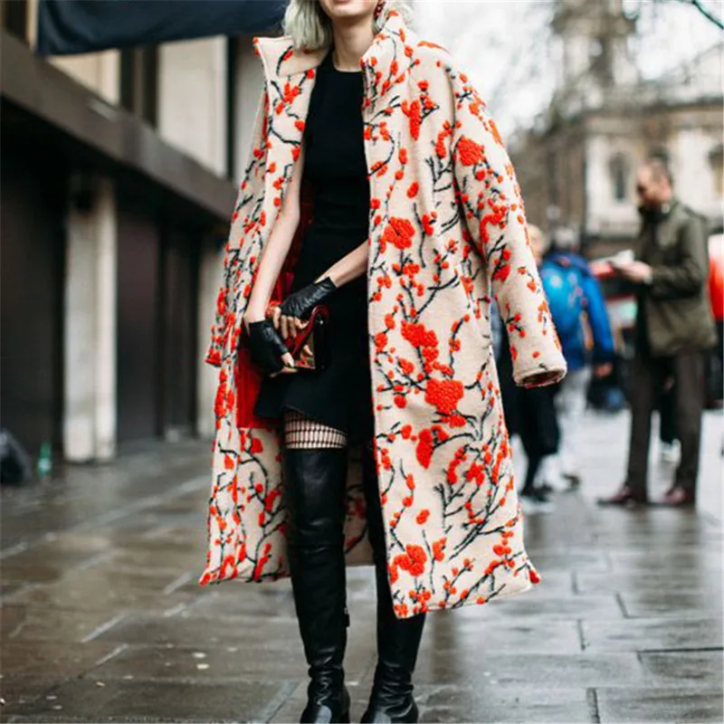 Модное женское пальто теплое плотное с цветочным принтом Винтаж уличный стиль