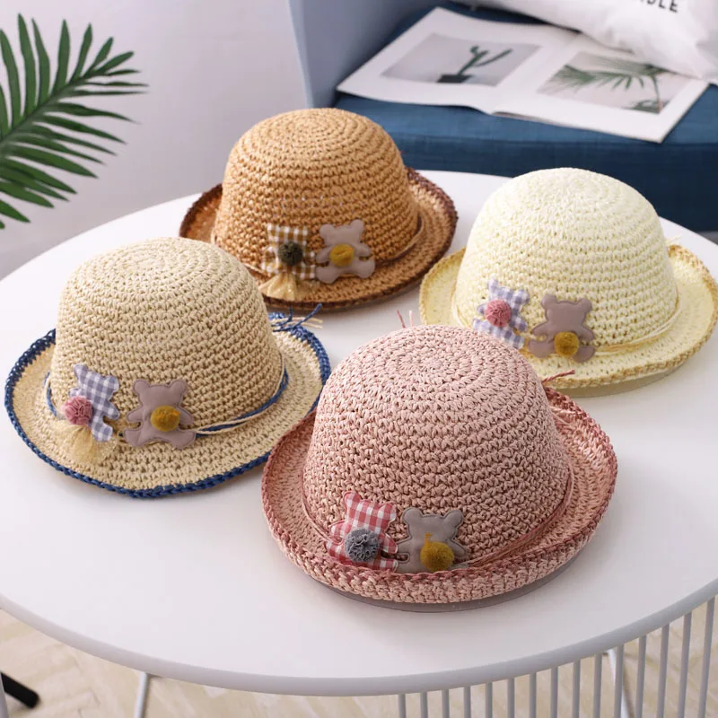 

2020 New Girls Cartoon Breathable Straw Hat Handmade Foldable Kids Sunscreen Cap Children Sun Visor UV Protection Hats gorras