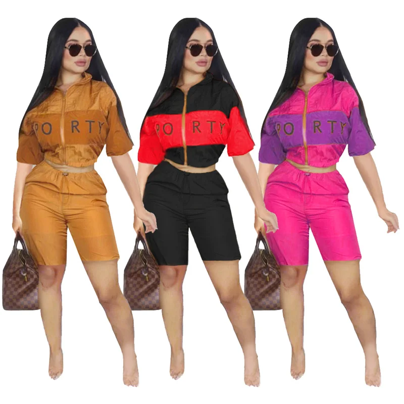 

Summer 2021 Women Set Tracksuits Letter Print Zip Coat Tops + Knee Length Shorts Suit Sporty Two Piece Set Street 2pcs Outfits