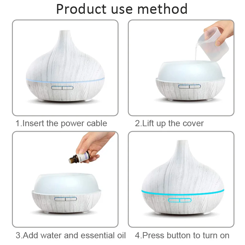 

KBAYBO 300ml Electric Humidifier Aroma Oil Diffuser Ultrasonic White Wood Grain Air Purifier with 7 colors LED Lights for home