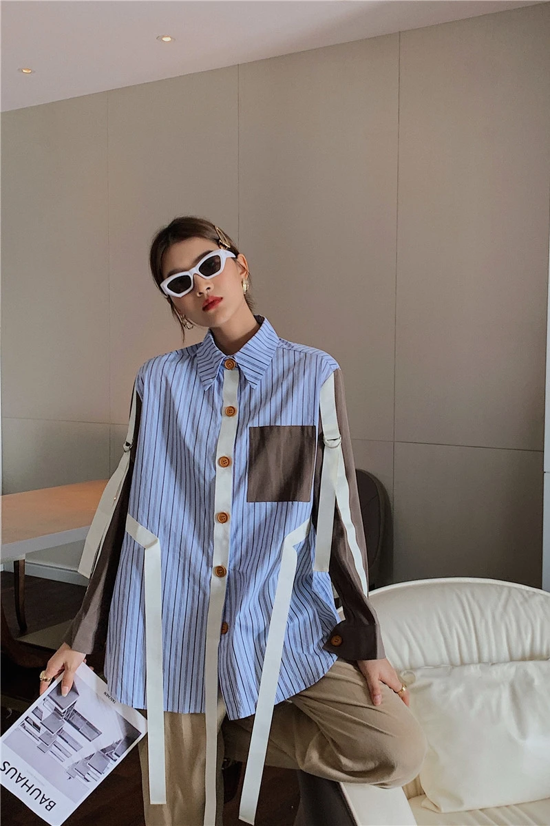 

ZCSMLL Striped Korean Fashion Women Blouses Loose Big Size Turn-down Collar 2021 Autumn Winter Casual Female Shirt Tide