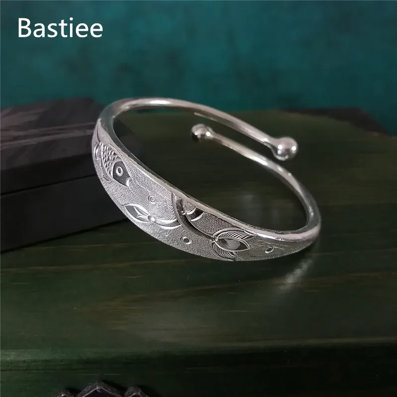 

Bastiee 999 Sterling Silver Cuff Bracelet For Women Bangle Fish Lotus Flower Adjustable Hmong Handmade Luxury Jewelry Wife Gift