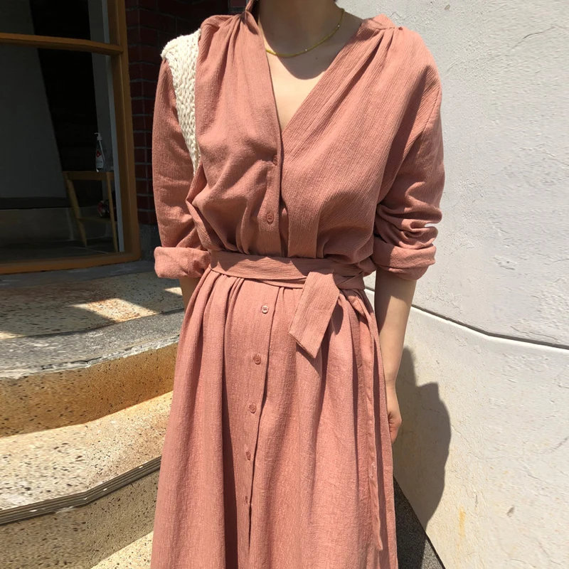 

2021 Spring New Korean Chic Younger College Style Solid Color Loose Leisure All-Matching Long Shirt Dress