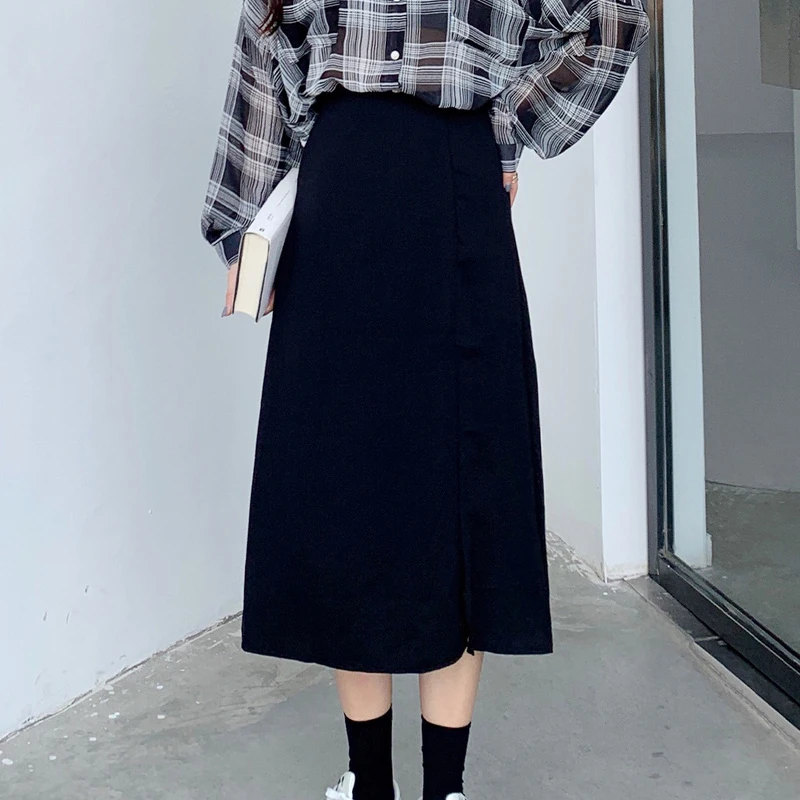 

2021 New Spring Summer Women Stitching Slim Thin Side Slit A-line Skirts Office Lady High Waist Solid Skirt Casual Streetwears