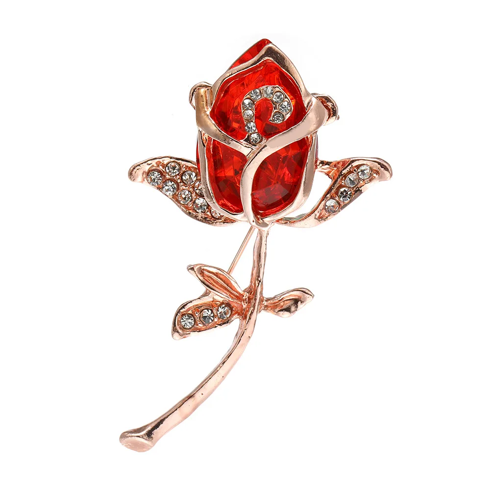 

Exquisite Rose Gold Colors Rose Flower Red Crystal Brooches Pin Cocktail Party Green Crystal Collar Pin Accessories Lover's Gift
