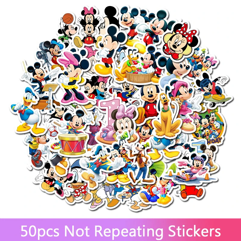 

50Pcs/Set Disney Mickey Minnie Stickers Cartoons Guitar Luggage Skateboard Waterproof Sticker Laptop Stikers Toys Gifts